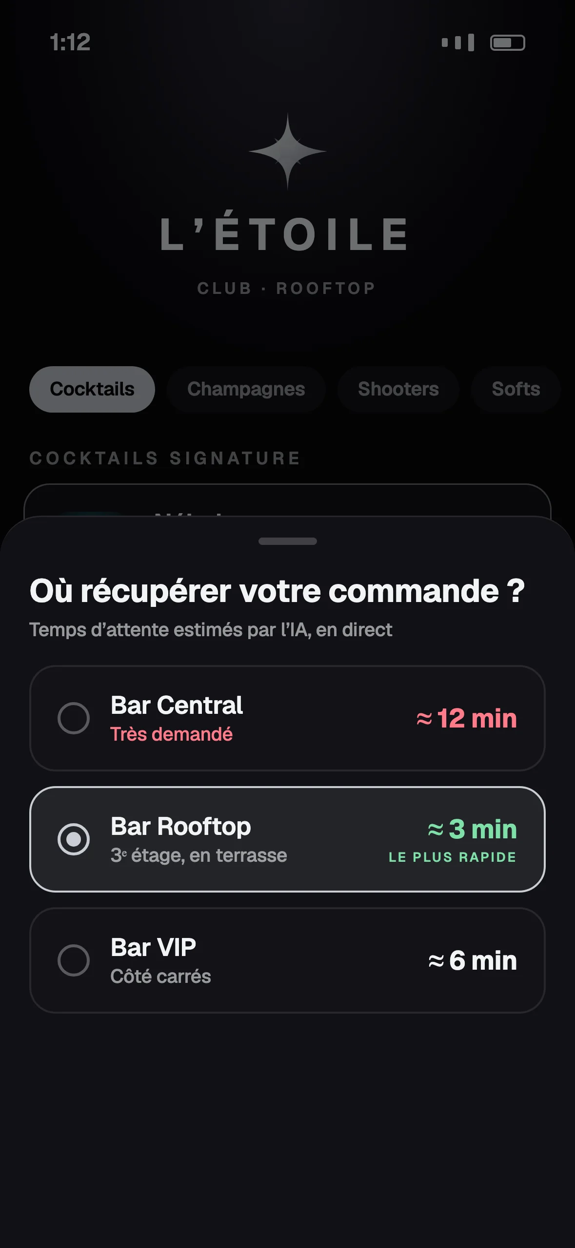 Où récupérer votre commande ? Bar Central, très demandé, environ 12 minutes ; Bar Rooftop, le plus rapide, environ 3 minutes (choisi) ; Bar VIP, environ 6 minutes