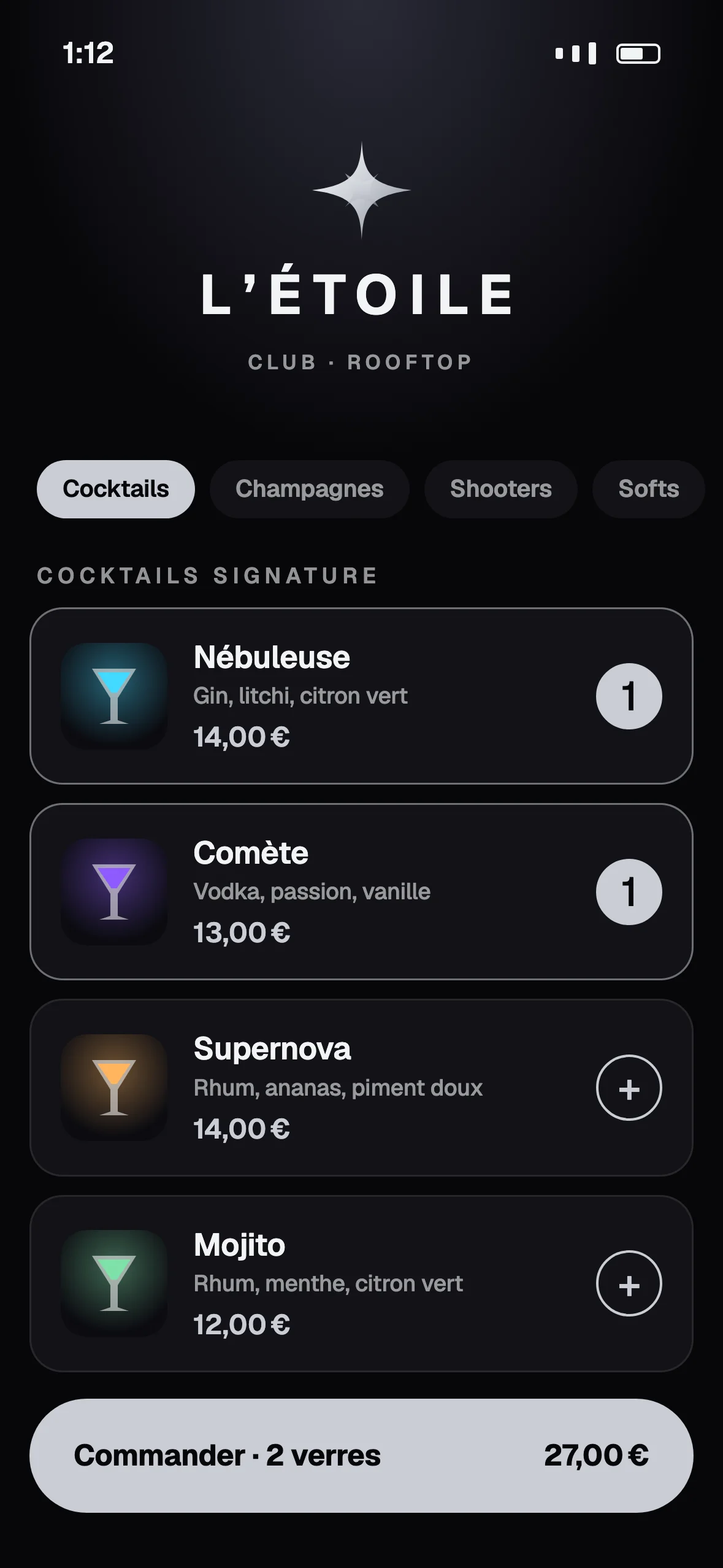 La carte de L’Étoile : deux cocktails ajoutés, le bouton Commander en bas