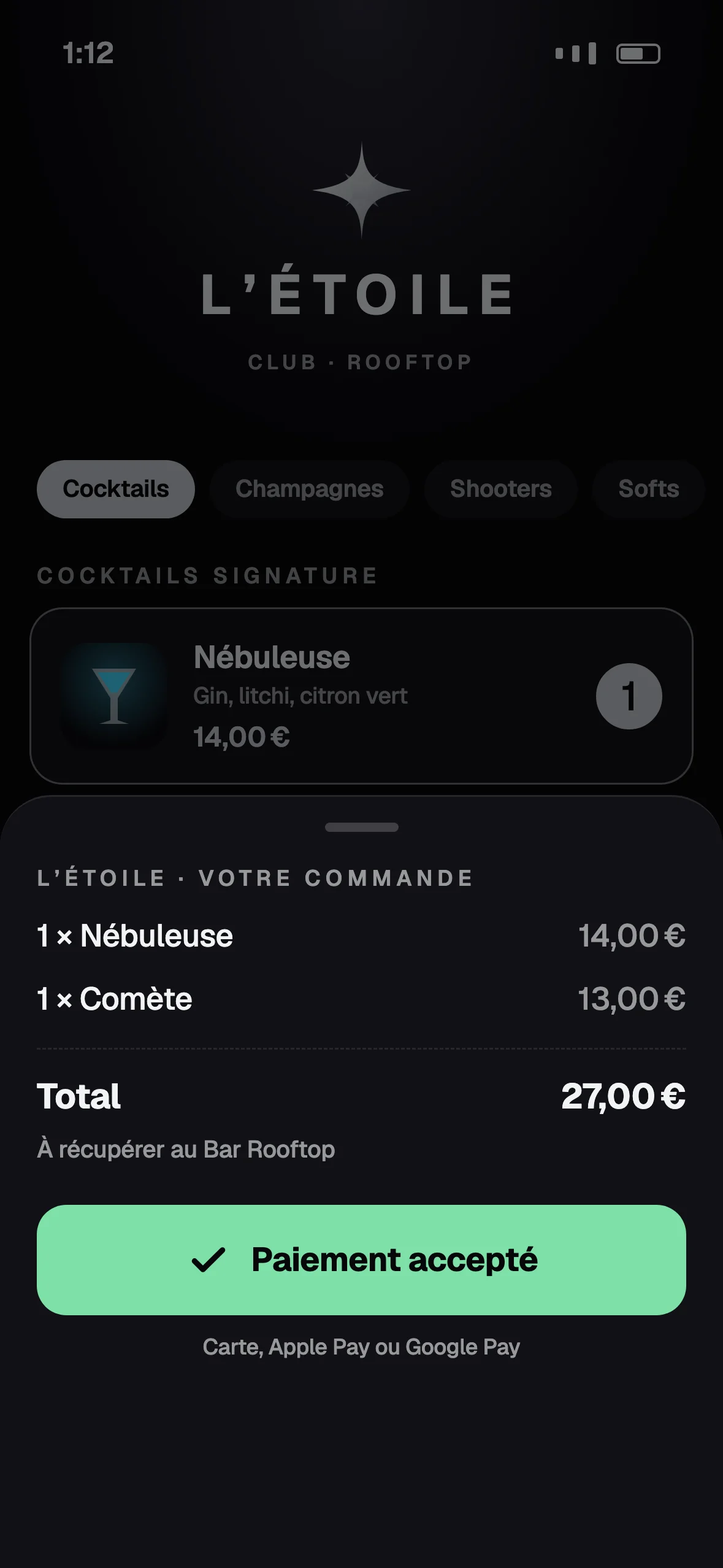 Le paiement dans la page : deux cocktails, 27 €, paiement accepté