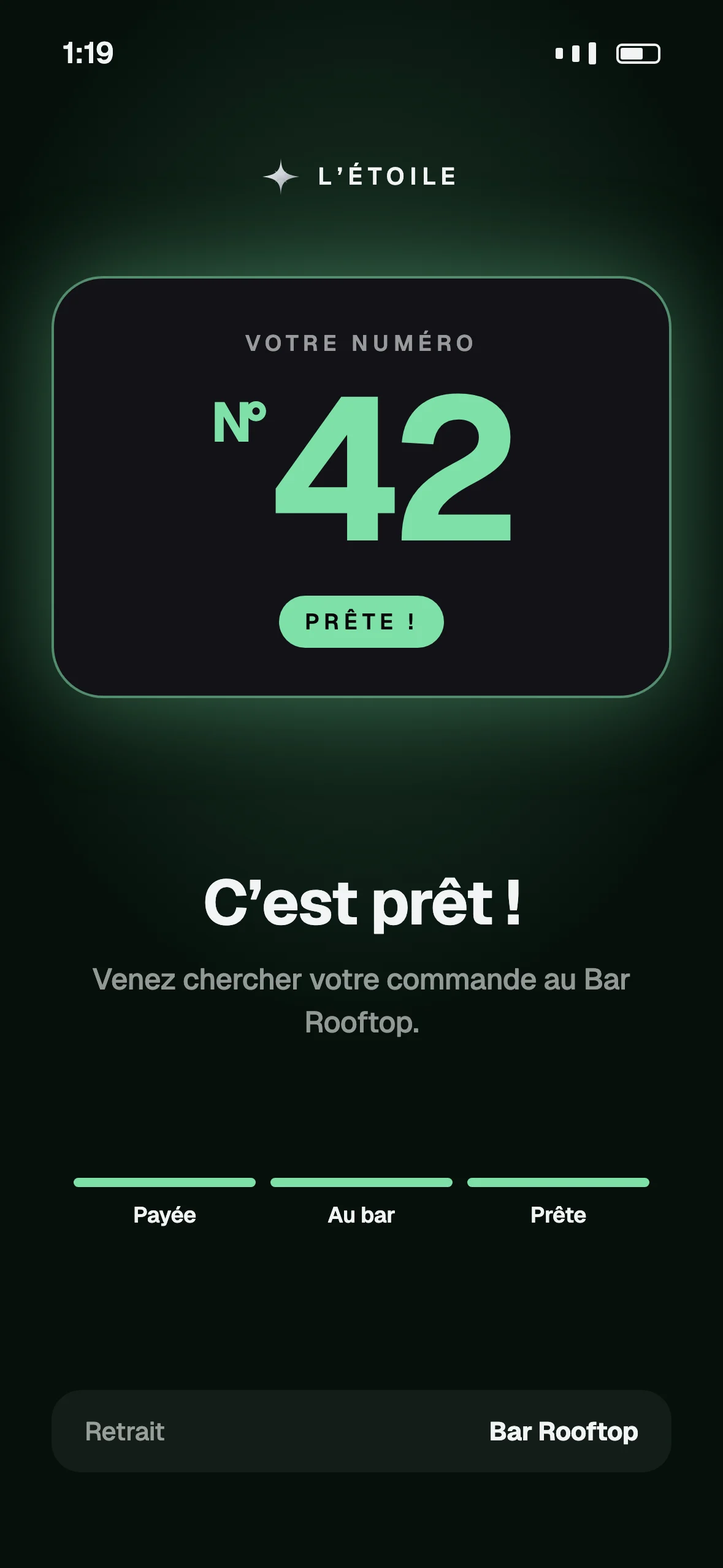 C’est prêt ! Numéro 42, à récupérer au Bar Rooftop